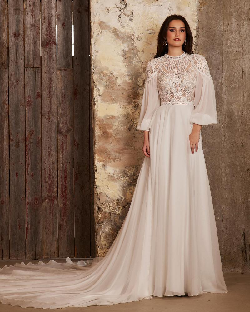 Lp2235 high neck boho wedding dress with long sleeves and open back2